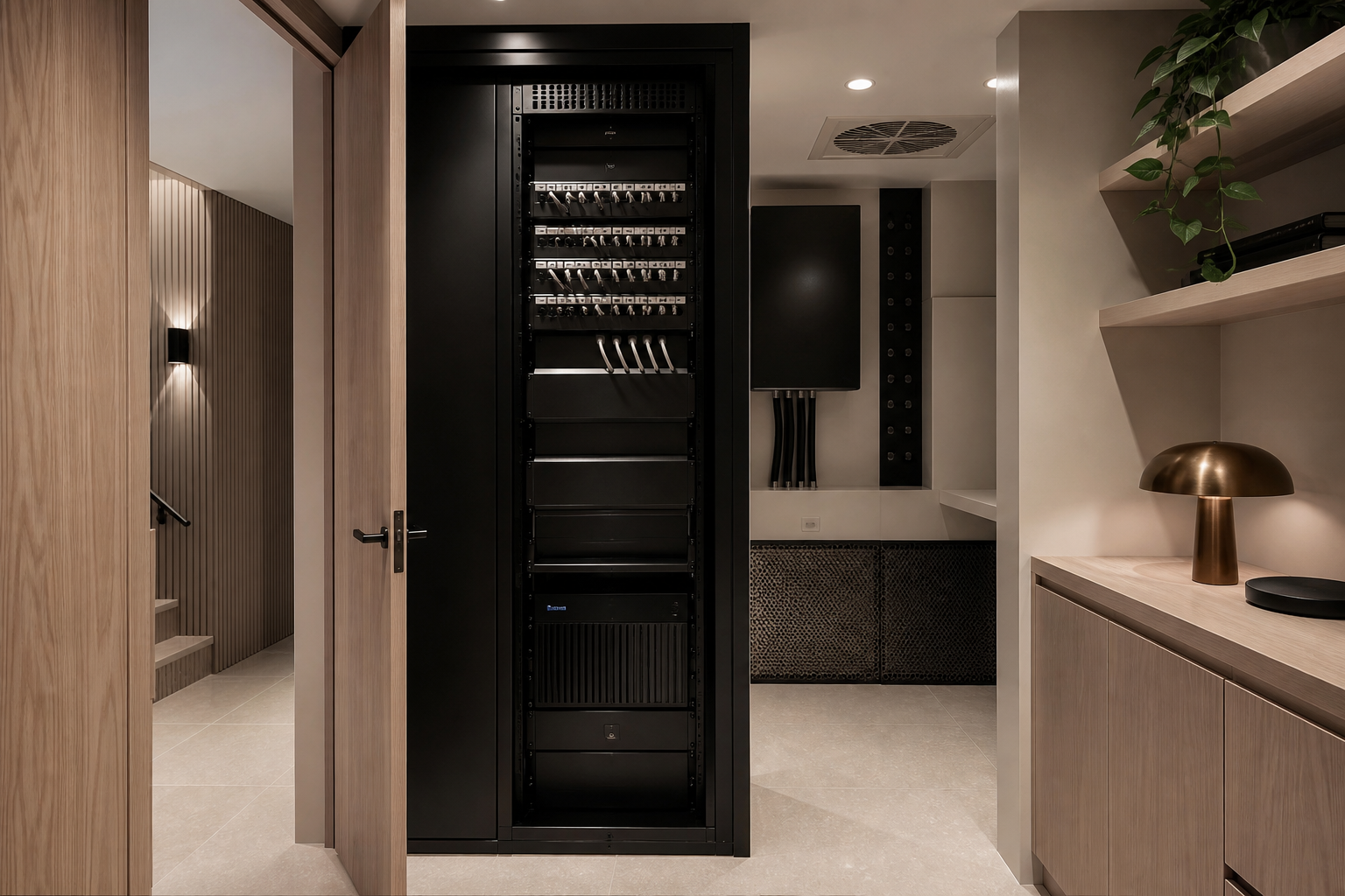Organised and serviceable residential technology equipment room.