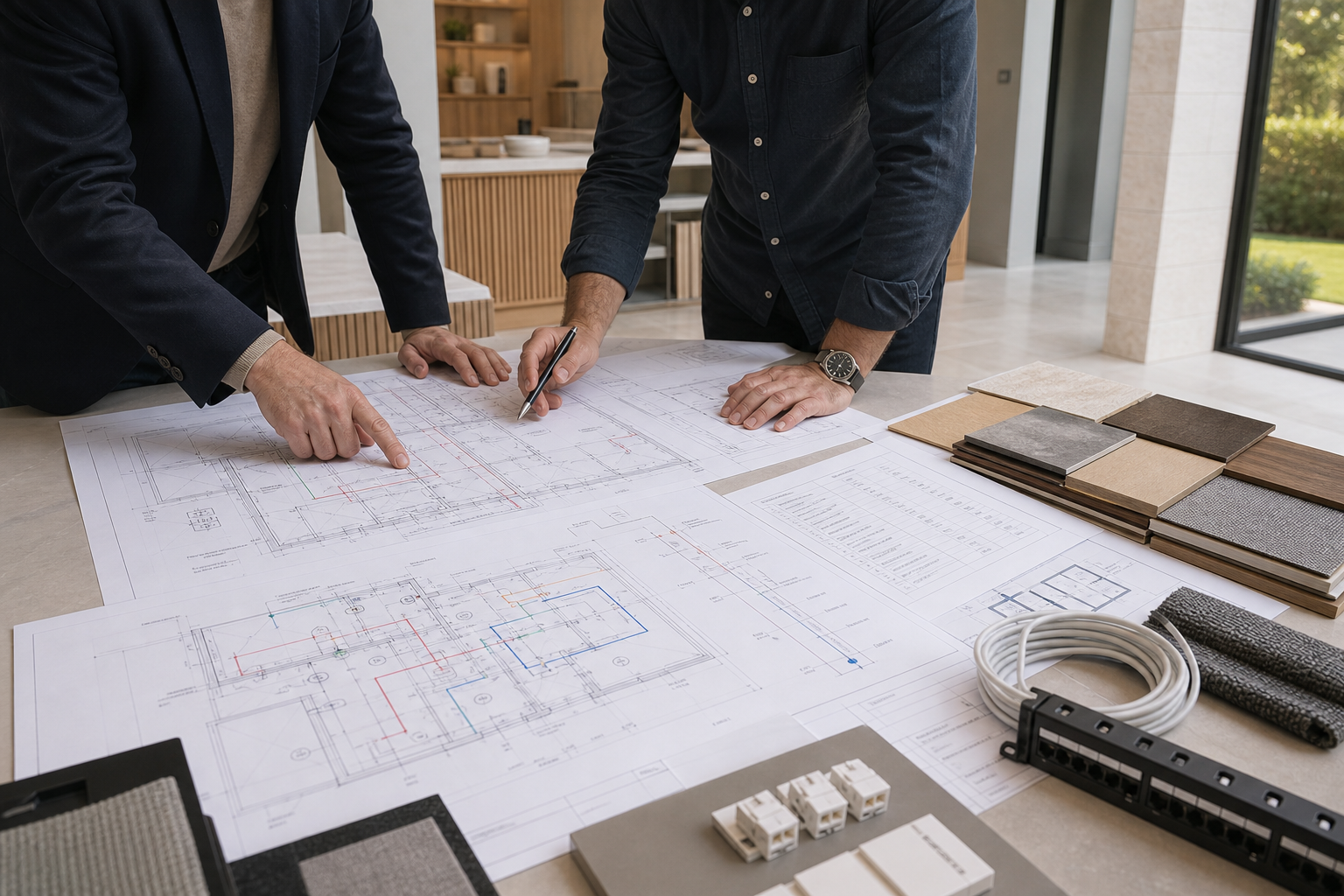 Technology planning around architectural drawings for a connected home.
