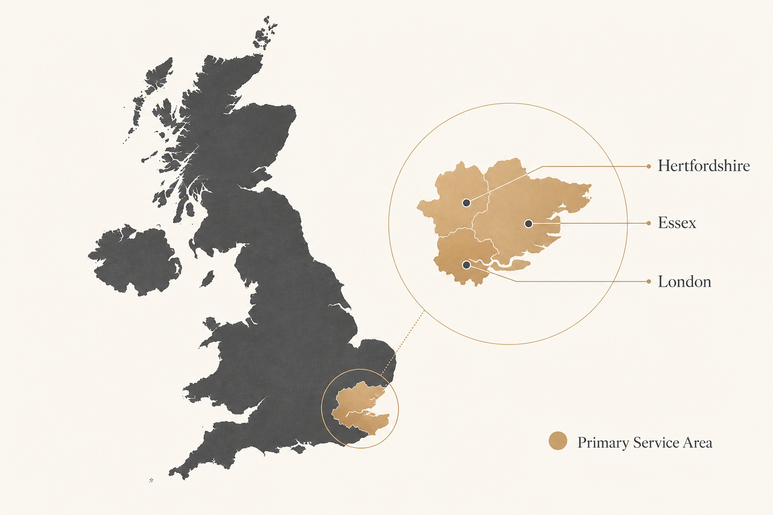 Map of the United Kingdom highlighting Barkly Group’s primary service areas: London, Hertfordshire and Essex.